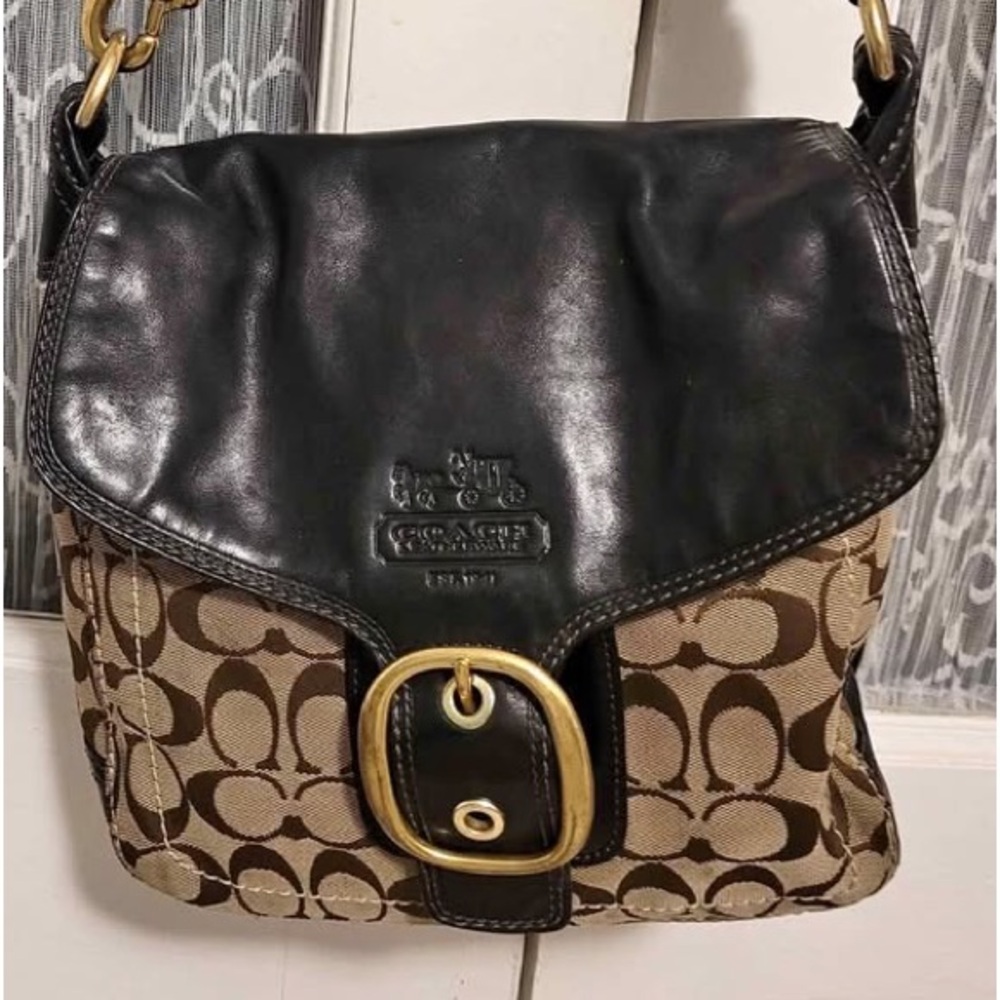 COACH BLEEKER SIGNATURE CANVAS LEATHER FLAP SHOULDER BAG